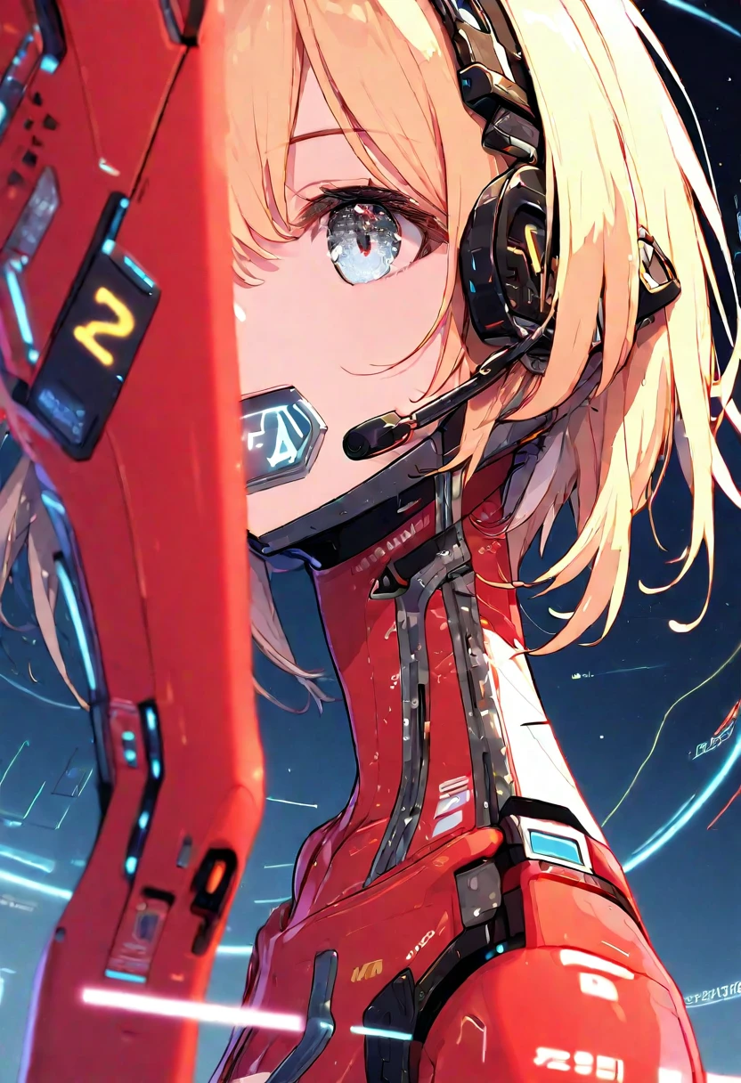 4K,  dynamic angle , ultra-detailed ,  illustration,  close-up, directly,  1girl, 
 ((, Headset Interface, RED bodysuit:1.4,  blonde)),Her eyes shone like Мечтательный stars,( beautiful and detailed eyes :)( standing device), detailed costume,