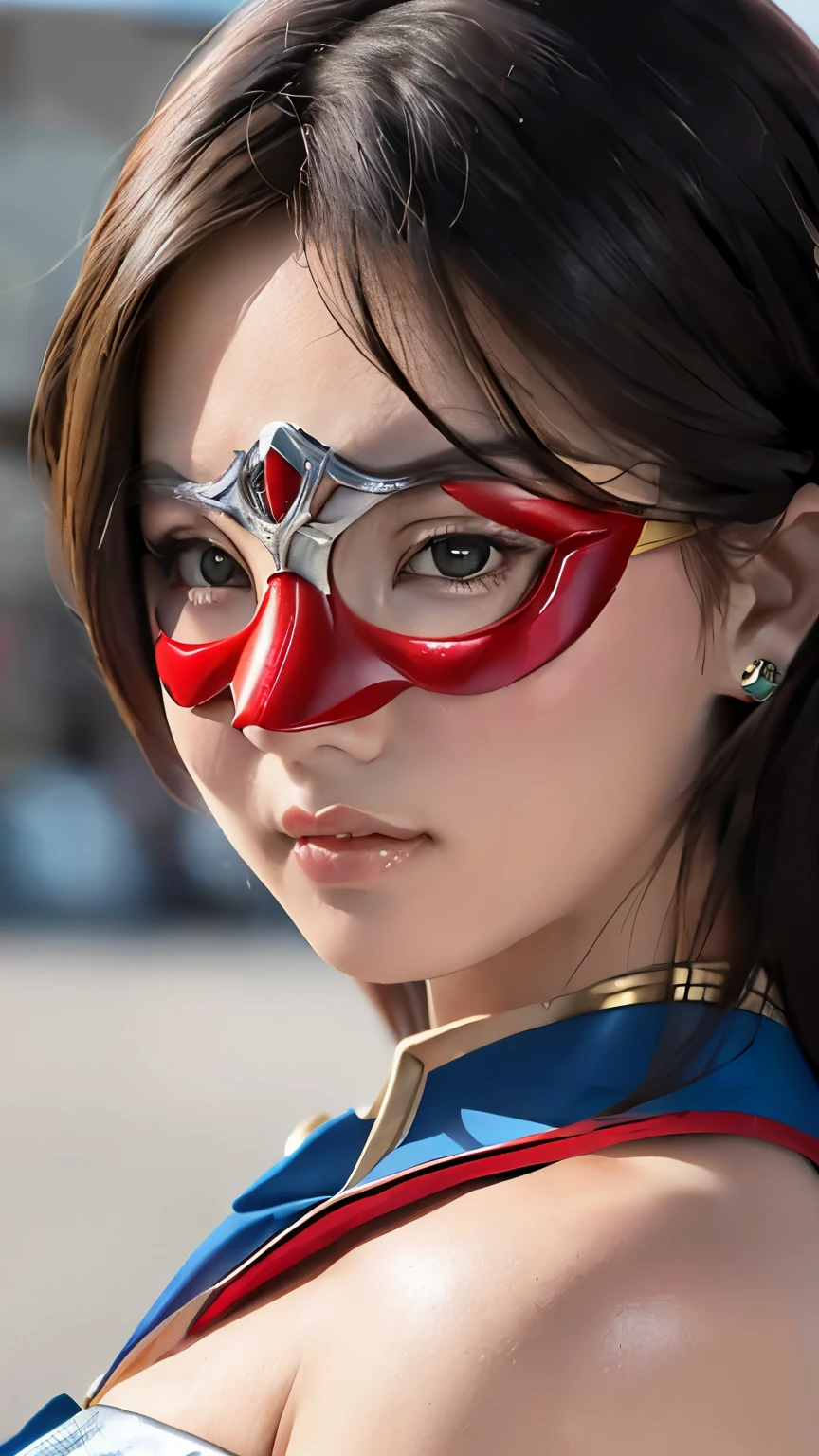 (8k, RAW photos from the last century, Best Quality, masterpiece: 1.2), (Realistic, Realistic: 1.37), Best Quality, super high resolution, Light Leak , Dynamic Lighting, Slim and smooth skin, (whole body:1.3), ( soft saturation: 1.6), ( white skin: 1.2), (shiny skin: 1.1), oily skin , 22 years old, Knight , Shining white blonde hair, Full form, Hair blowing in the wind, from the front : 1.2, supergirl、Miniature, Red eye mask,Airi Suzumura