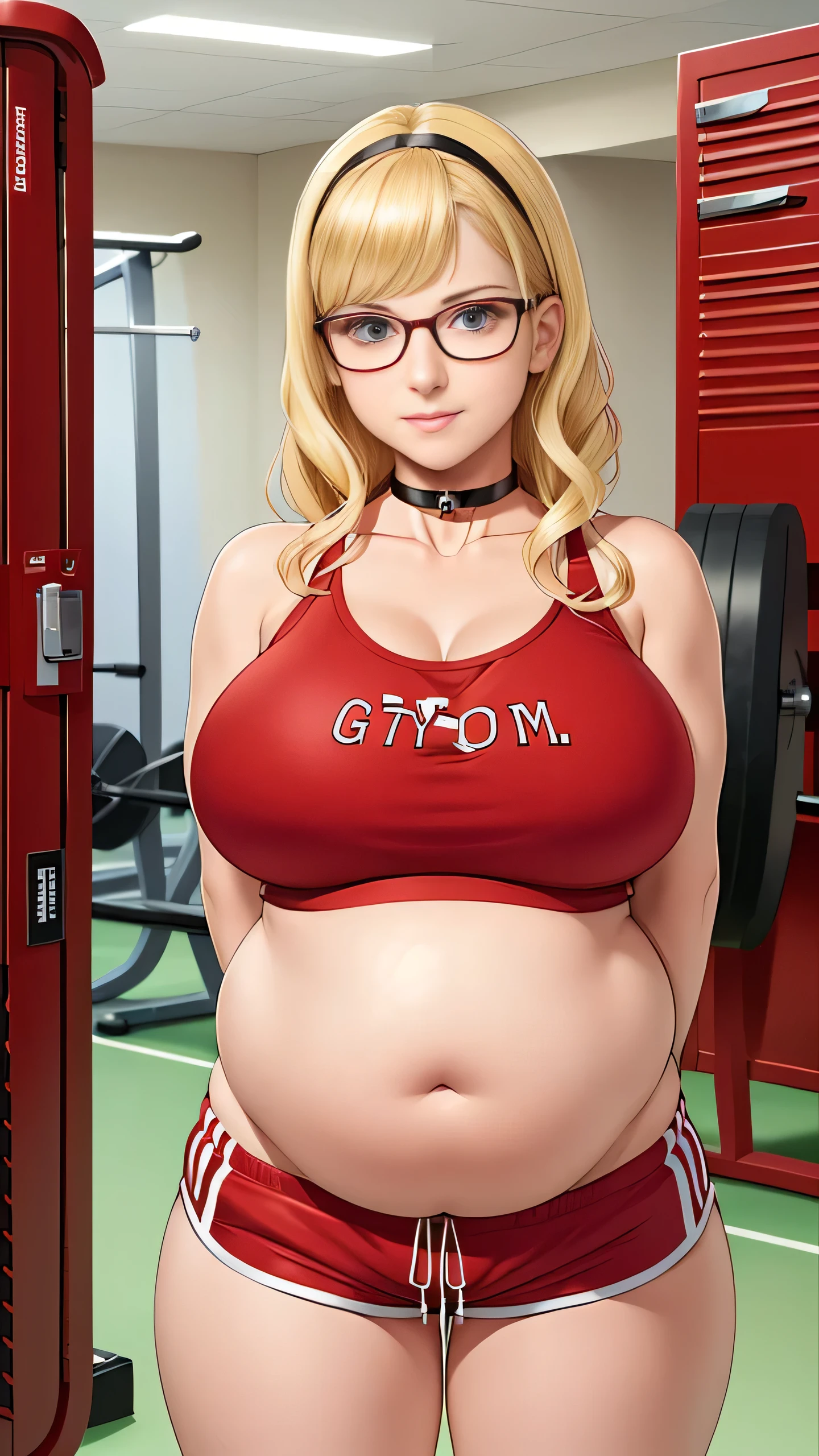 Bernadette Rostenkowski, (Bernadette Rostenkowski :1.5), masterpiece quality, (masterpiece quality:1.3), detailed, realistic, (realistic:1.3), 1girl, solo, (solo:1.9), alone, in a gym, gym lockers in background, (gym lockers in background:1.5), blonde hair, (blonde hair:1.5), long hair, wearing choker collar, (wearing choker collar:1.5), wearing glasses, (wearing glasses:1.5), wearing blue tank top, (blue tank top:1.5), wearing red gym shorts, (red gym shorts:1.5), midriff, (midriff:1.5), huge breasts, (huge breasts:1.2), chubby body, chubby belly, (chubby belly:1.5), 