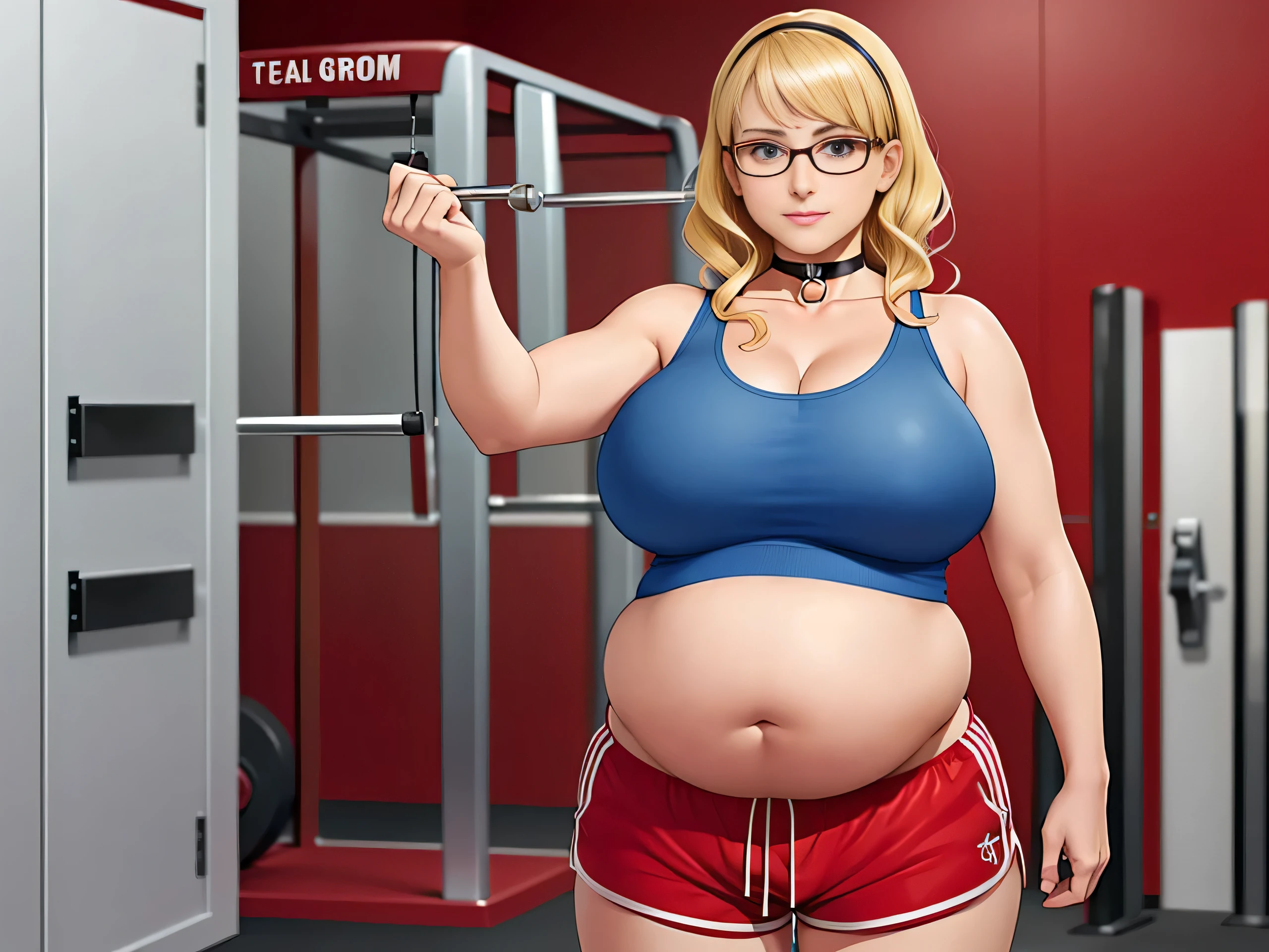 Bernadette Rostenkowski, (Bernadette Rostenkowski :1.5), masterpiece quality, (masterpiece quality:1.3), detailed, realistic, (realistic:1.3), 1girl, solo, (solo:1.9), alone, in a gym, gym lockers in background, (gym lockers in background:1.5), blonde hair, (blonde hair:1.5), long hair, wearing choker collar, (wearing choker collar:1.5), wearing glasses, (wearing glasses:1.5), wearing blue tank top, (blue tank top:1.5), wearing red gym shorts, (red gym shorts:1.5), midriff, (midriff:1.5), huge breasts, (huge breasts:1.2), chubby body, chubby belly, (chubby belly:1.5), 