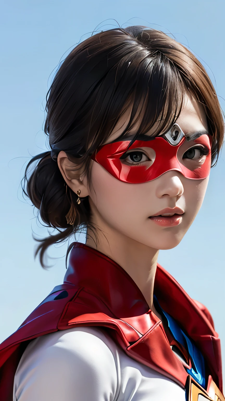 (8k, RAW photos from the last century, Best Quality, masterpiece: 1.2), (Realistic, Realistic: 1.37), Best Quality, super high resolution, Light Leak , Dynamic Lighting, Slim and smooth skin, (whole body:1.3), ( soft saturation: 1.6), ( white skin: 1.2), (shiny skin: 1.1), oily skin , 22 years old, Knight , Shining white blonde hair, Full form, Hair blowing in the wind, from the front : 1.2, supergirl、Miniature, Red eye mask,Airi Suzumura