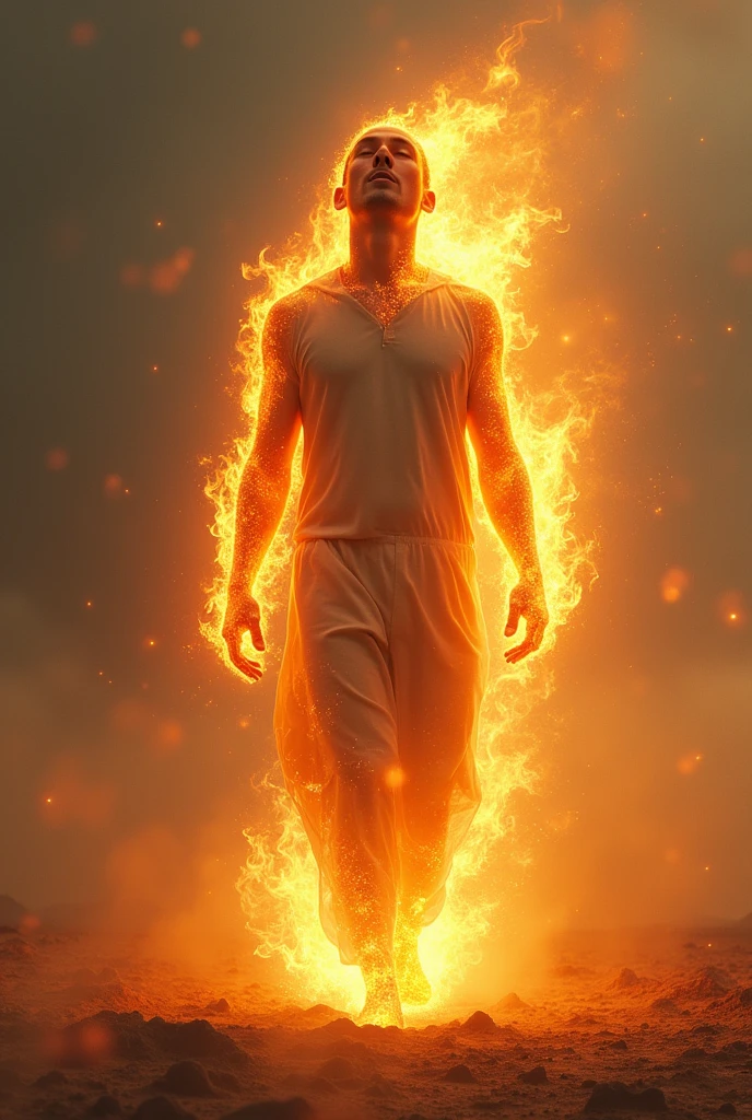 A studio shot of a figure composed of vivid, realistic flames walking in side profile, no face, with flames trailing naturally behind, against an intense red background, #D32F2F. Captured by Helmut Newton, with a Hasselblad H6D and an 80mm f/2.8 lens at f/5.6, 1/125s, ISO 400. The flames are intense and detailed, with a natural, realistic texture that emphasizes the movement. HD quality, natural look