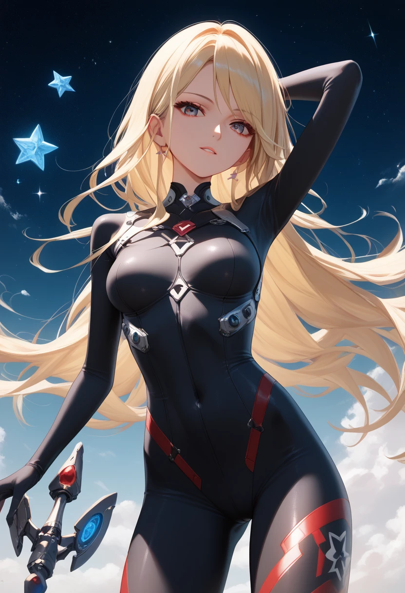 4K,  dynamic angle , ultra-detailed ,  illustration,  close-up, directly,  1girl, 
 (( bodysuit:1.4,  blonde)),Her eyes shone like Мечтательный stars,( beautiful and detailed eyes :)( standing device), detailed costume,