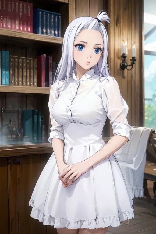 (Best Quality, 4k, 8k, Hi-Res, Masterpiece: 1.2), Ultra-Detailed, Realistic, Photorealistic: 1.37, Mirajane Strauss, beautiful woman with long straight wavy white hair and blue eyes 