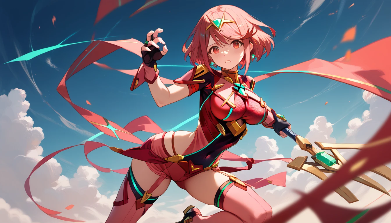 masterpiece, maximum quality, 4k, detailed, pyra's cosplay, pyra's sword, attack pose, two hand pyra's blade