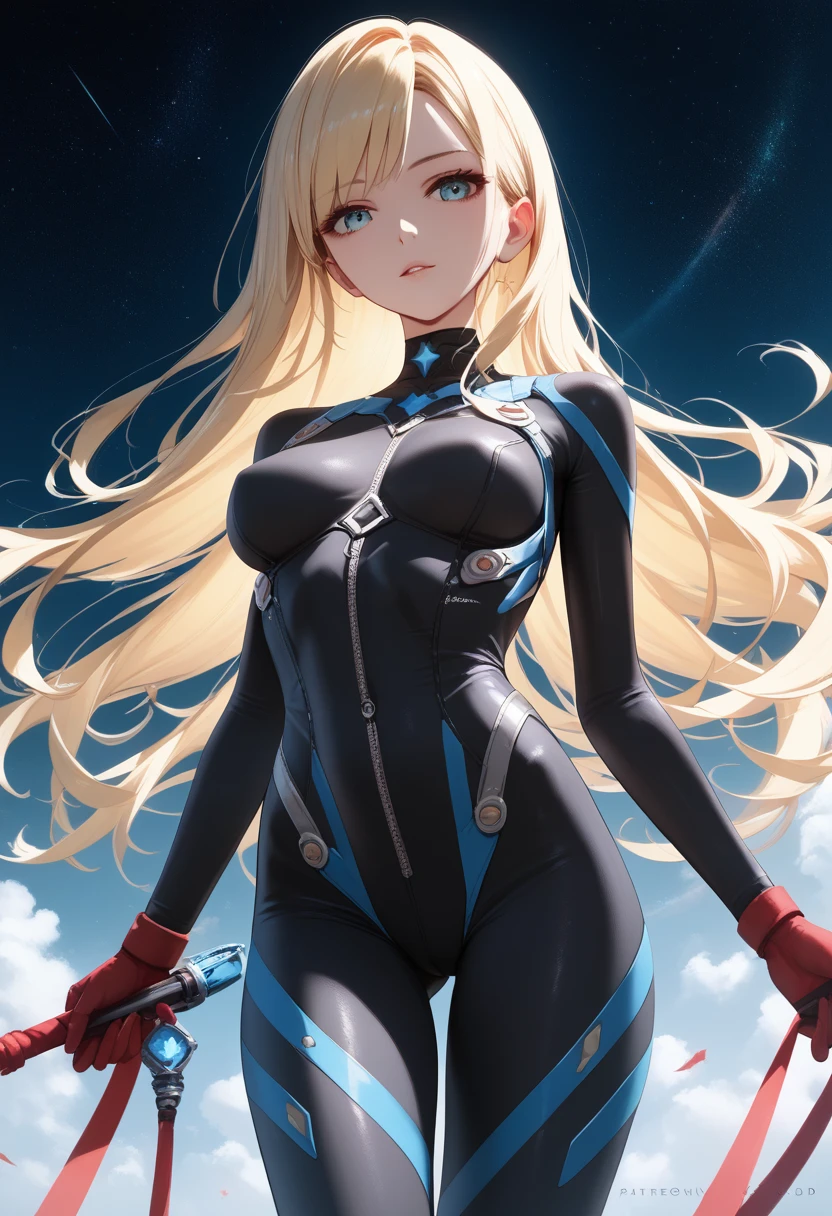 4K,  dynamic angle , ultra-detailed ,  illustration,  close-up, directly,  1girl, 
 (( bodysuit:1.4,  blonde)),Her eyes shone like Мечтательный stars,( beautiful and detailed eyes :)( standing device), detailed costume, neckline