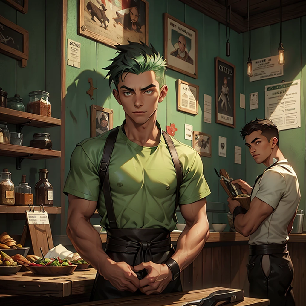 splash art of an eighteen year old man, very handsome square face, short mint green buzzcute style hair, slim athletic body, he is wearing a leather shirt and leather pants, he is wearing an apron, he is in a small restaurant, restaurant made of wood, gray cement walls, he is intervening as people