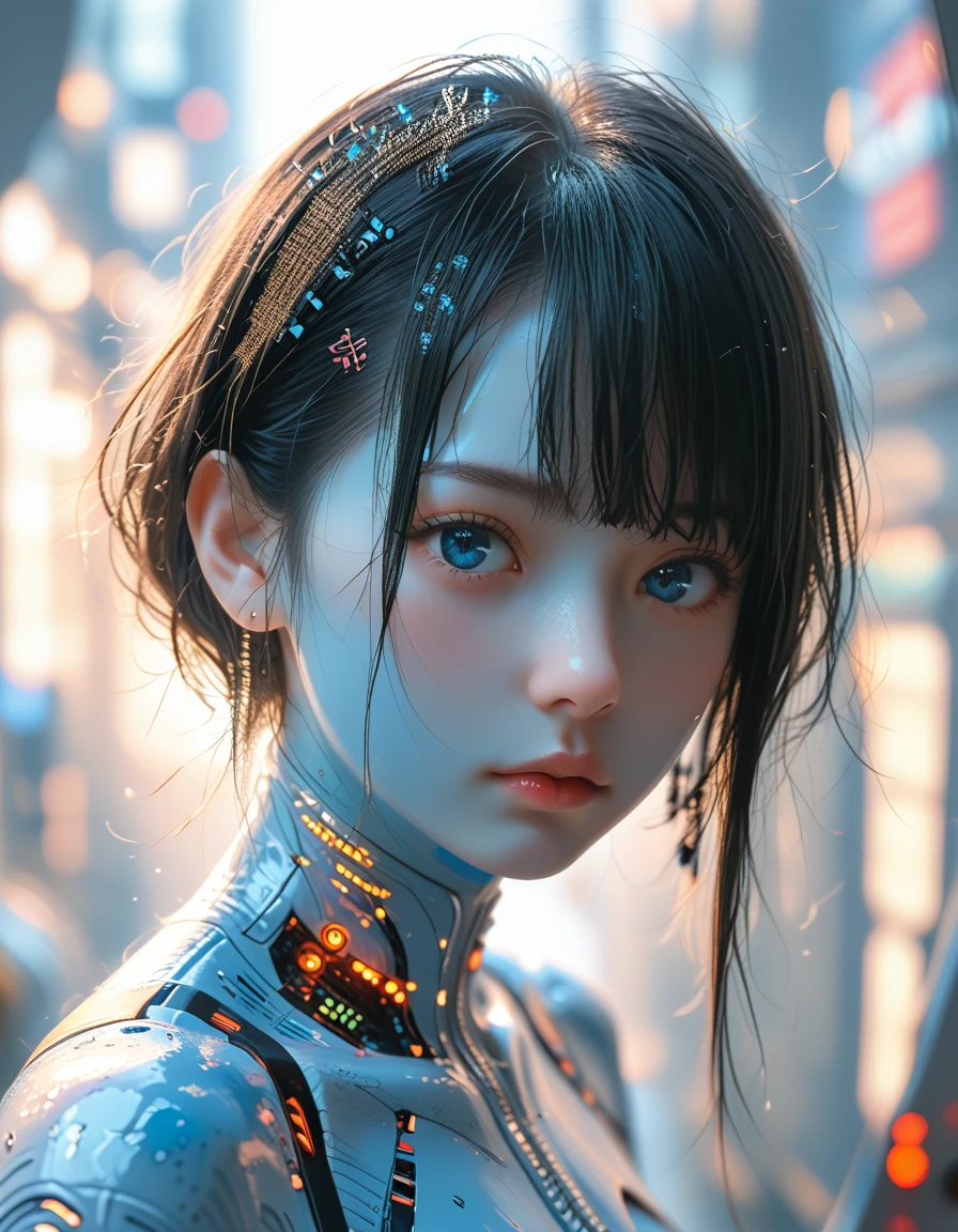 woman, Mechanical Blue Body ，Best Quality, masterpieceUltra HD, 8k,Futuristic spaceship interior，サイバーブルースーツを着たwoman，Black Hair，青 eyes，Shortcuts, Best Quality, High resolution, Ultra HD, blue eyes, 