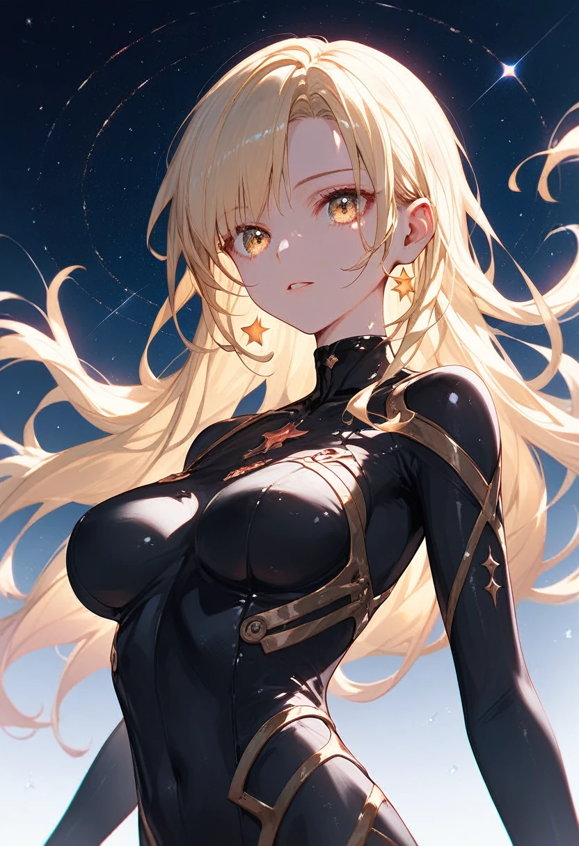 4K,  dynamic angle , ultra-detailed ,  illustration,  close-up, directly,  1girl, 
 (( bodysuit:1.4,  blonde)),Her eyes shone like Мечтательный stars,( beautiful and detailed eyes :)( standing device), detailed costume, neckline