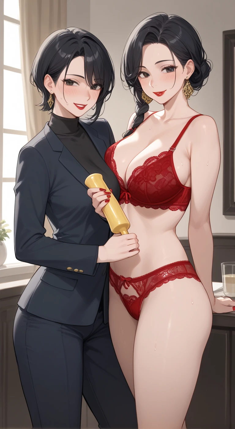   2 mature and beautiful wives， big breasts ，Cleavage，Slightly shy ， blush，The room is dark，（（ yellow lace bra ）），（（ yellow lace panties ）），stocking，Pants，earrings，Red lipstick， black hair ，Thin clothes，Side Braid，earrings，Smile，Sweat， holding plastic dildos ，sexy，Nipple exposure，Black Eye ，One of them has huge big breasts ，Cleavage， blush，Smile，（（ red lace bra ）），（（ red lace panties ）），stocking，Pants，earrings，Red lipstick， black hair ，Thin clothes，Short Hair，Curly hairstyle ， holding plastic dildos ，sexy，Nipple exposure，Black Eye ， Two people standing together ，Two very kind 