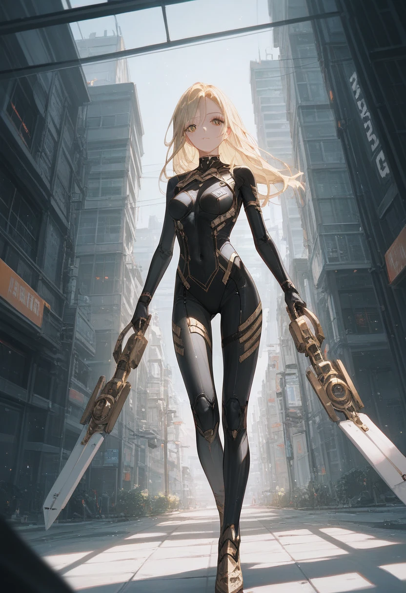 In an industrial building , 4K,  dynamic angle , ultra-detailed ,  illustration,  close-up, directly,  1girl, 
 (( bodysuit:1.4,  blonde)),Her eyes shone like Мечтательный stars,( beautiful and detailed eyes :)( standing device), detailed costume, neckline