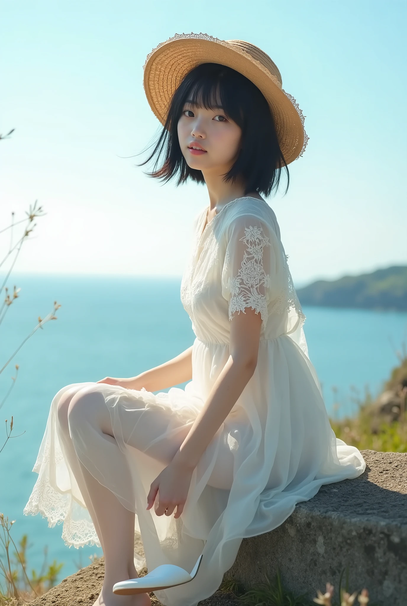 live-action、 real、Water's Edge、Very beautiful Japanese girl wearing a white lace dress、Sit on a hill bench with an ocean view、Clear skies、Backlight、 dress that you take off your white sandals and hold in your hand is see-through and you can clearly see the lines of your body、Black Hair、 short hair、 White Sandals 、 watch the viewer 、 straw hat、Hair blowing in the wind、 taken from the front、gravel and grass