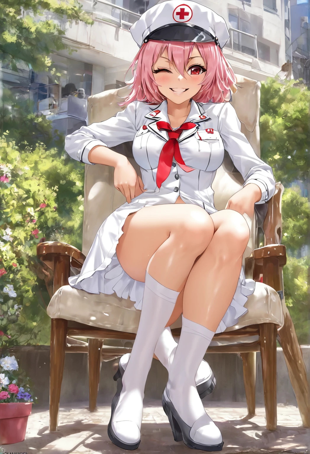 Sakura miko, ((front light)), erotic smile, horny feeling, in heat, sweat, steam, 1girl, solo, nurse uniform, white nurse cap, lightpink panties with red ribbon, cameltoe, white thigh-highs, full length, (sitting on chair, spreading legs), spread_leg:1.31, spreading crotch by fingers, outdoor, sunny day, roadside in Tokyo, professional light, 