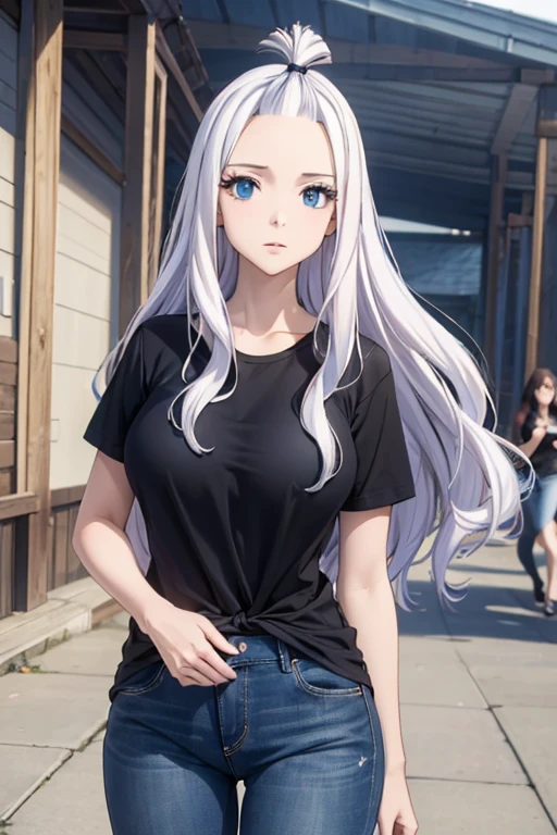 (Best Quality, 4k, 8k, Hi-Res, Masterpiece: 1.2), Ultra-Detailed, Realistic, Photorealistic: 1.37, Mirajane Strauss, beautiful woman with long straight wavy white hair and blue eyes, wearing a plain black t-shirt and jeans 