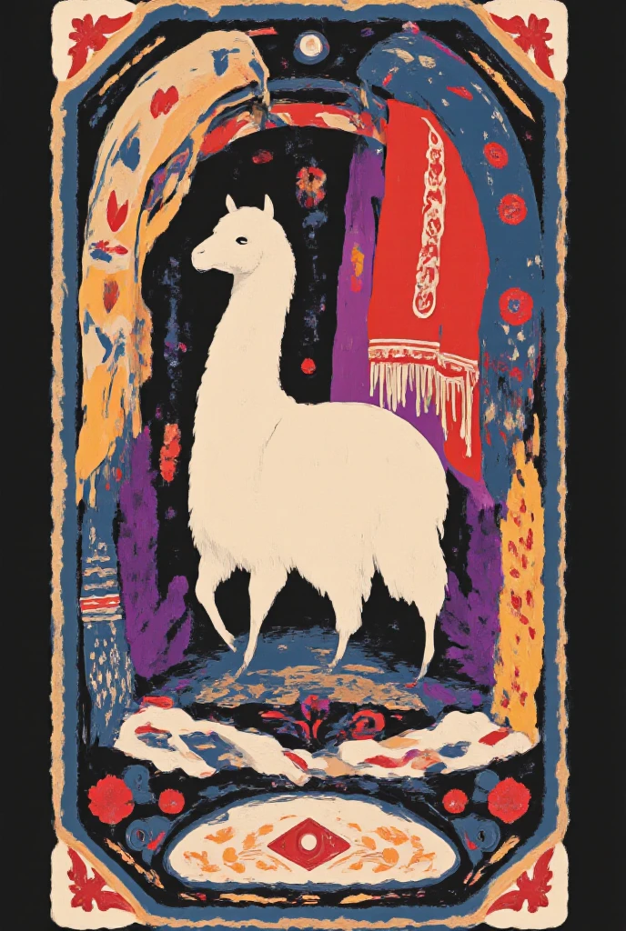 Llama Folk Art With Andean Textiles and South American Element Illustration Outline Frame Decor