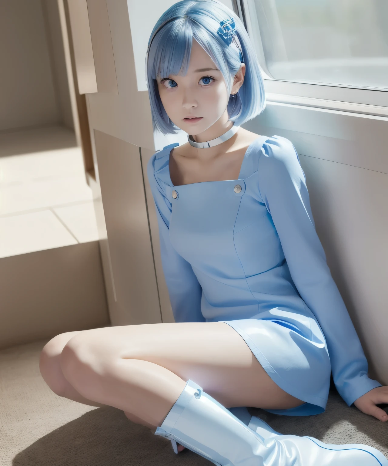 (  super high resolution )、eureka、knight、moonlight、 girl、 purple eyes、 short light blue hair 、 choker、 hair clip that invites you with your hand、White and blue dress、 Long Sleeve 、white and blue knee-length knee-high boots 、 shiny boots 、 full length view、Sitting with knees hugged、Anxious expression、Baby Face、
