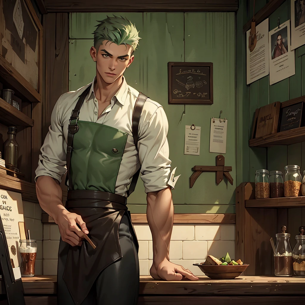 splash art of an eighteen year old man, very handsome square face, short mint green buzzcute style hair, slim athletic body, he is wearing a leather shirt and leather pants, he is wearing an apron, he is in a small restaurant, restaurant made of wood, gray cement walls, he is intervening as people