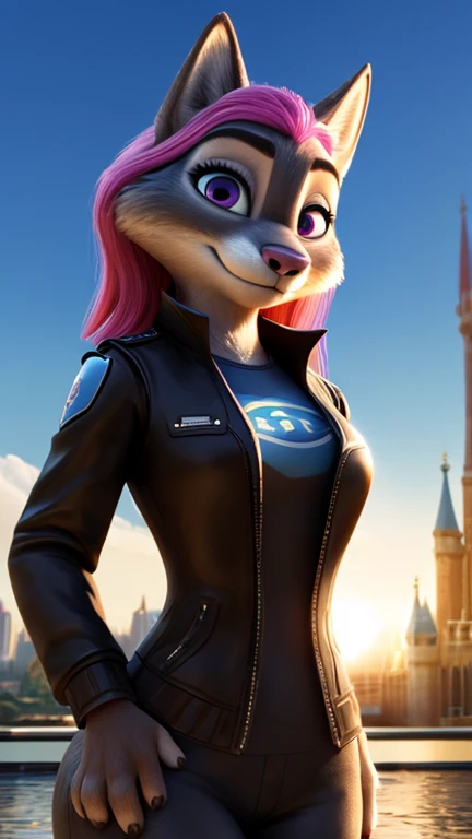 3d character, in the style of disney, black with pink hair, Zootopia, Wolf woman anthropomorphism, Dark Brown and light blue, nightcore, loose and fluid, Spectacular backdrop