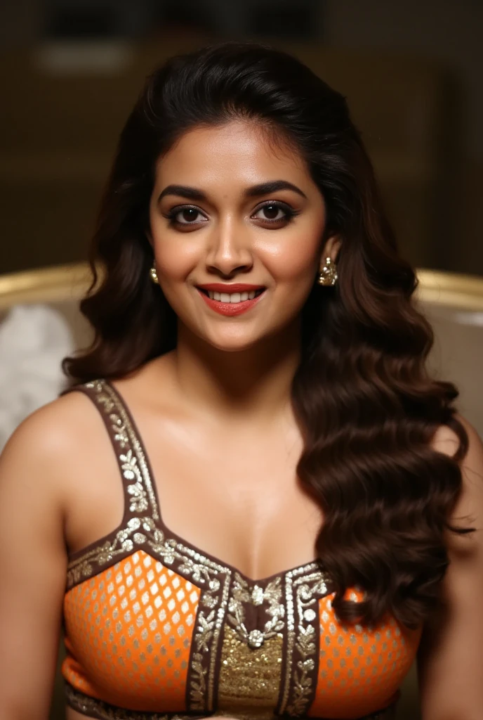 A woman kneeling gracefully, wearing a traditional Indian blouse with intricate patterns and rich colors. The blouse has delicate embroidery, enhancing the elegance of her attire. The image is captured from a top-down angle, with the woman looking up at the viewer, her eyes expressive and engaging. Her hair is styled beautifully, and she wears subtle jewelry that complements her traditional look. Soft lighting highlights her facial features and the details of her blouse, creating an intimate, captivating atmosphere that draws the viewer into her gaze."