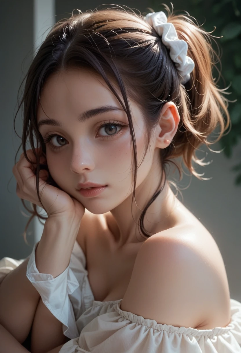 (((Masterpiece))), (((portrait))), Kujou Sara, diffused light, dynamic shadows, sharp focus, realistic, detailed, highres, absurdres, white background, no bra, photorealistic, lifelike, wet, mascara, blushing, sleeveless, youthful appearance, pee stain, white panties, (((nudist))), (((sweept bangs))), (((side braided ponytails))), (((lips apart)))