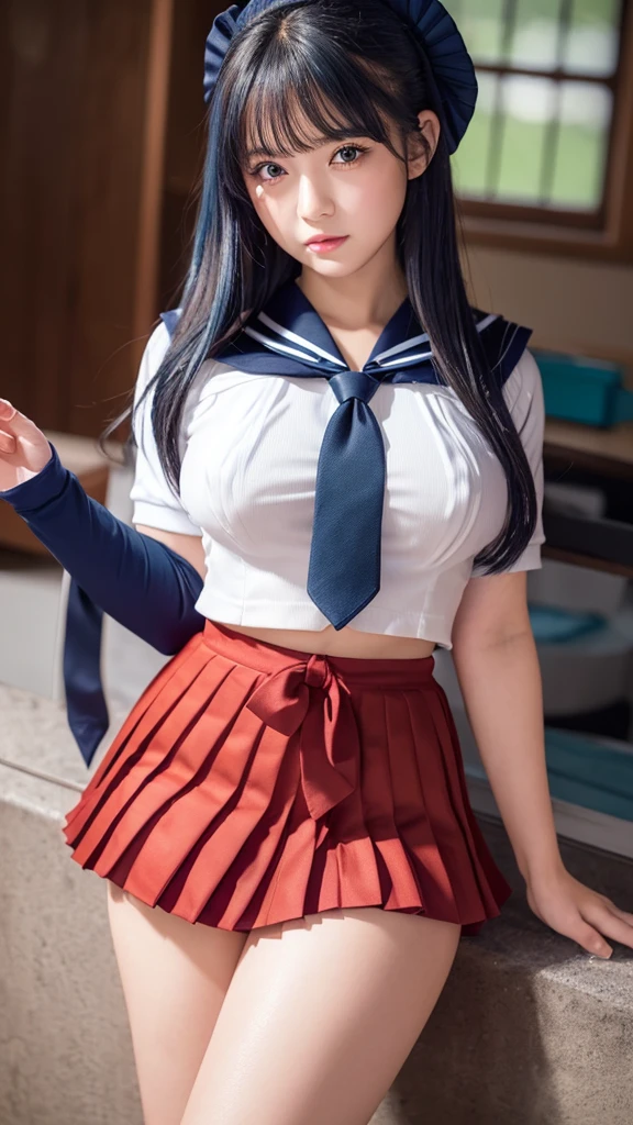Masterpiece full HD 8k raw photo high definition perfect body perfect face beautiful 1 cute 18 year old Argentinian girl long straight hair brown eyes perfect body slim thighs developed breasts small butt ( is kidnapped) dressed in a white sailor school blouse AND a short red pleated school skirt ( tied arms , arms behind the back ,with a tight rope all over his body, legs tied and a piece of tape in her mouth) crouched with her legs open in the shape of an M showing her thighs and her black underwear is visible while she makes a scared face looking at the viewer , with a view focused on her skirt seen from the front