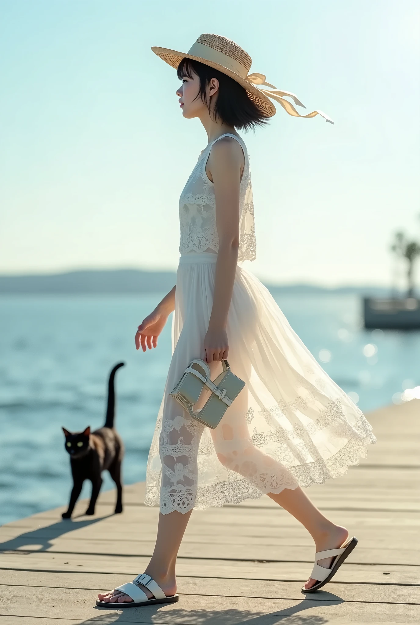 live-action、 real、Very beautiful Japanese girl wearing a white lace dress、Walking on the breakwater 、Clear skies、Backlight、 dress that you take off your white sandals and hold in your hand is see-through and you can clearly see the lines of your body、Black Hair、 short hair、 there is a black cat walking behind、 straw hat、Hair blowing in the wind、Shooting from the side、