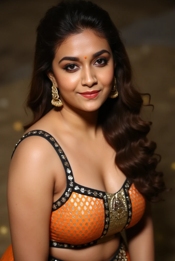 A woman kneeling gracefully, wearing a traditional Indian blouse with intricate patterns and rich colors. The blouse has delicate embroidery, enhancing the elegance of her attire. The image is captured from a top-down angle, with the woman looking up at the viewer, her eyes expressive and engaging. Her hair is styled beautifully, and she wears subtle jewelry that complements her traditional look. Soft lighting highlights her facial features and the details of her blouse, creating an intimate, captivating atmosphere that draws the viewer into her gaze."