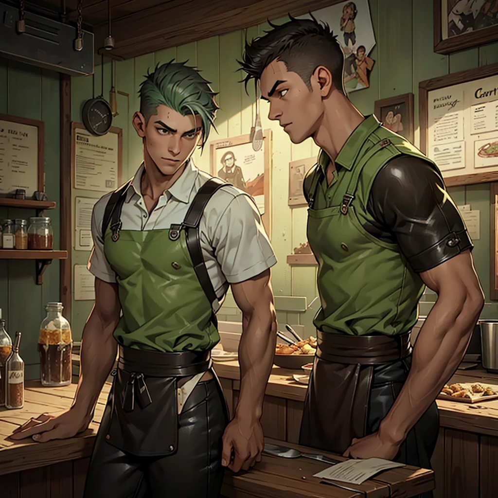 splash art of an  old man, very handsome square face, short mint green buzzcute style hair, slim athletic body, he is wearing a leather shirt and leather pants, he is wearing an apron, he is in a small restaurant, restaurant made of wood, gray cement walls, he is intervening as people