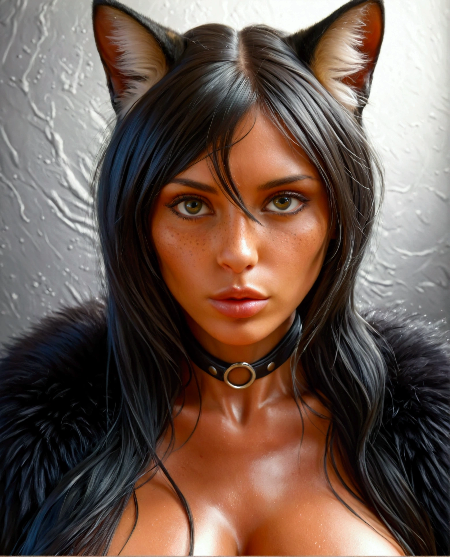 A fantasy woman-cat hybrid, large female buttocks, female breasts, four paws, fur, cat-like face with human features, (best quality,4k,8k,highres,masterpiece:1.2),ultra-detailed,(realistic,photorealistic,photo-realistic:1.37),fantasy art,highly detailed face, detailed anatomy, detailed texture, intricate details, dramatic lighting, cinematic composition, dynamic pose, vibrant colors, oil painting style, spotted fur