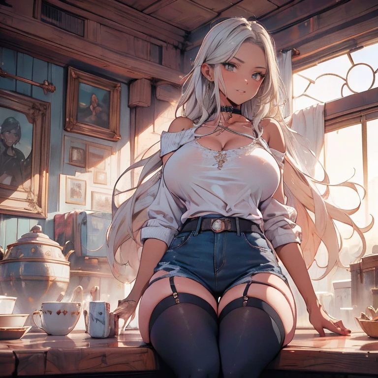 Ultra-high detail. Photorealism. Intimate atmosphere, flowing light. The atmosphere radiates tenderness, bliss and passion. My girlfriend and I are in some kind of dusty warehouse, my girlfriend in a short skirt sits on a table ((Skirt lifts up)), The girl wraps her legs around my waist. (I insert my dick into her horny wet pussy). Love juice is flowing from the pussy. We merge in the ecstasy of love. In a fit of passion, almost all our clothes were taken off. My girlfriend throws her head back in bliss and moans loudly. Her long hair hangs down. No one had ever fucked her like that.