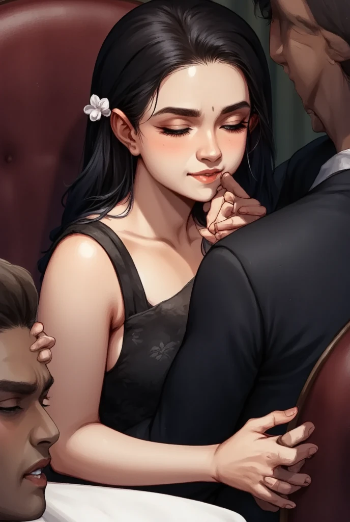 (masterpiece, best quality:1.2), 1girl, solo, areolae, artist name, black hair, blush, braid, breast sucking, breasts, chair, closed eyes, collarbone, couch, curtains, day, hair ornament, hand on another's head,