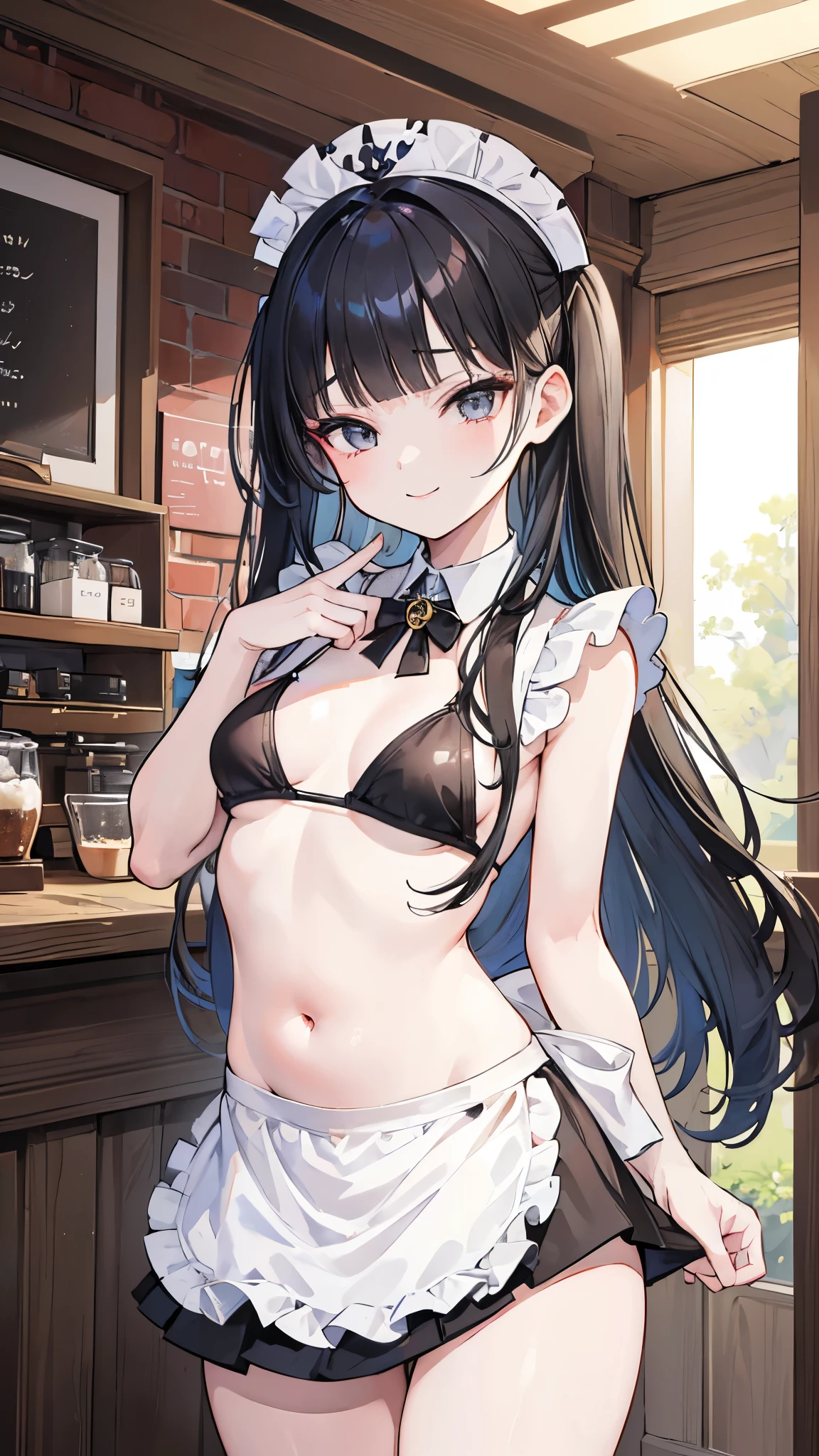 (((masterpiece, Highest quality, High resolution, 超High resolution, Perfect Pixel, Depth of written boundary, 4K, RTTX 10.0))), Beautiful Anime Woman, Beautiful art style, Anime characters, ((Smooth texture, Realistic texture, Anime CG Style)), Exact finger count、Exact number of legs、(Exact number of arms:1.0, Exact number of hands:1.0), (Perfect hands, Perfect Anatomy), Cinematic, Realistic, Extremely detailed CG, Daytime lighting, Perfect lighting, Best Shadow, The best natural light, whole body, Perfect body, バランのとれたPerfect body, Perfectly balanced style, (Slender body:1.2), ((Long Hair, bangs, Reddish brown hair, Stylish hairstyle)), ((One cute woman is in the middle of cooking and gets so comfortable that she stands with her legs crossed:1.8)), (Sex toy in panties,vibrator:1.8), (pussy juice:1.8), ((Bow tie around neck, High heels:1.3), (Sexy and cute light blue underwear:1.3), (Stylish shiny light blue satin panties, Side-tie panties, The panties are plain light blue in the center with lace decoration on the sides.:1.3), (Thin panties:1.3), (Light blue micro lace satin bra, Light blue bra with lace trim, Thin bra:1.3), (garter belt, Black knee socks:1.3):1.3), (Beautiful big , Cleavage:1.1), (Embarrassed expression:1.4), blush, (sexual pleasure expression:1.5), (The expression of someone who is holding in the toilet:1.4), (Look up, Mouth half open, Half-close your eyes:1.2), (Stylish bar, Stylish restaurant, Many customers in the background, A busy store, Chair, table:1.3), naked, In underwear, Waitress in underwear, (Frilly maid-like headband:1.2), whole body, Angle from the front, chizuru