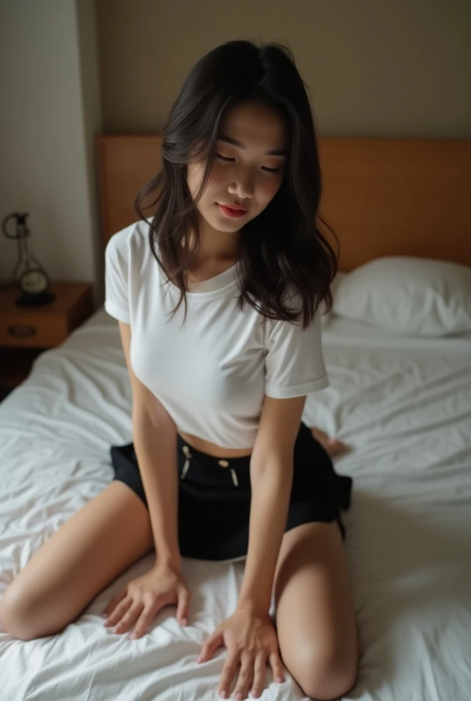  beautiful girl、black hair、Fair skin、lying on the bed、smile、His white shirt is peeled off and his underwear is visible..、white lace underwear、shy