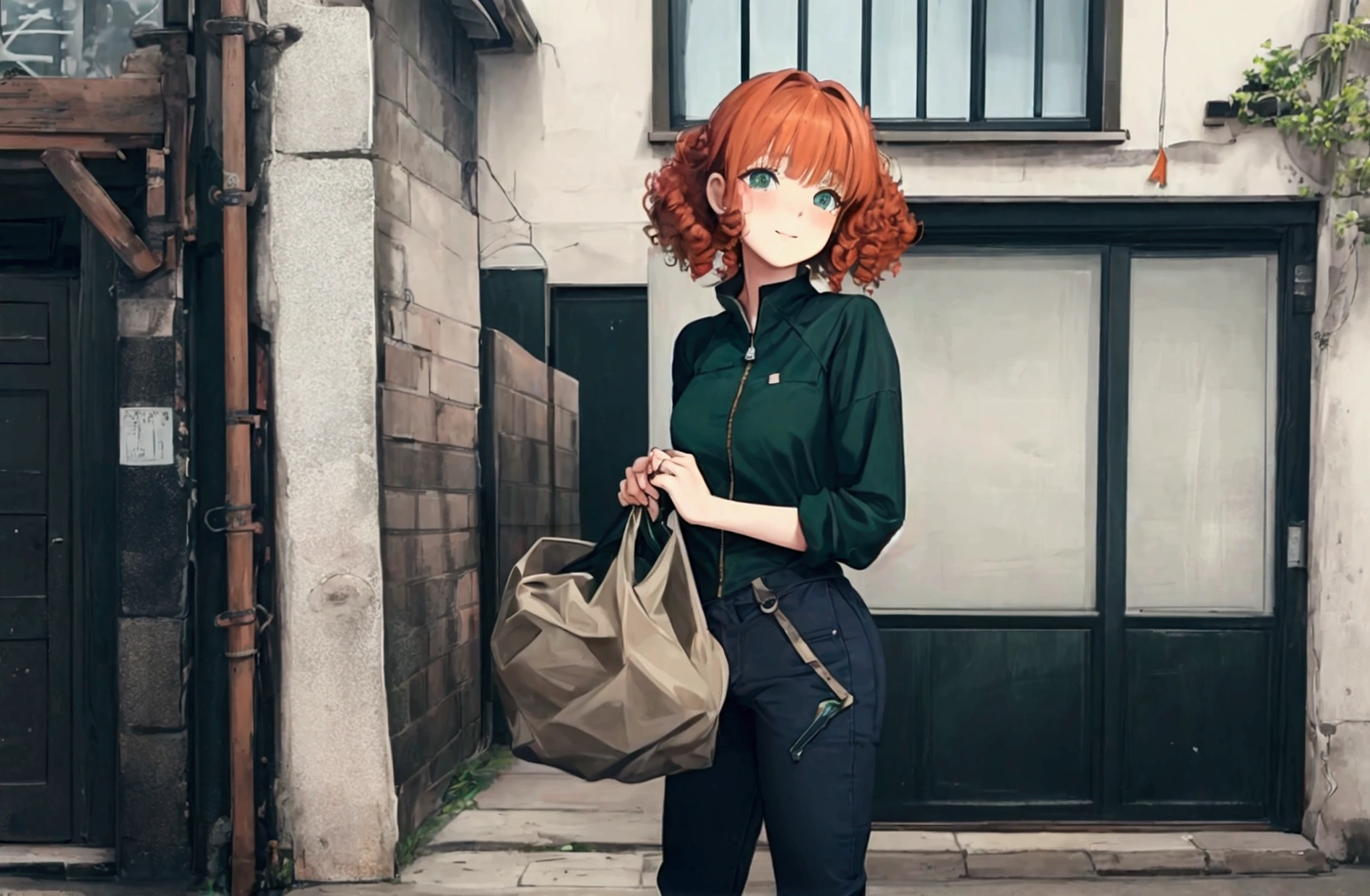 Score_9, score_8, score_7 up, girl, cool anime, half realistic, beautiful, masterpiece, nice, innocent, pretty, artistic, ginger hair, very short curly, curly bangs, grayish green eyes, smiling, eyelashes, faint blush, fair skin, high resolution, older, organized, cinematic, painter, paint on face and hands and clothes, khaki fully closed zipped shirt, long sleeved, dark blue pants, black shoes, fairly accurate,  holds paint bucket using both hands, standing,  any background, windy