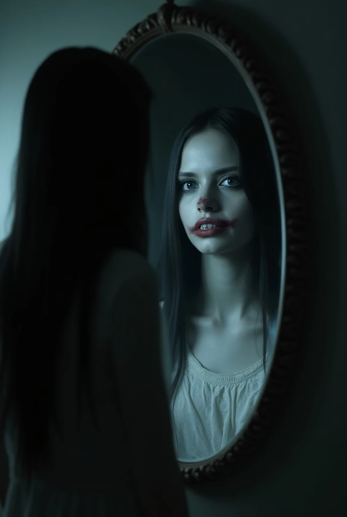 a 2 woman, standing in front of a mirror in a haunted place, looking at herself, her face covered in white powder, black eyes, red lips, blood dripping from her lips, (photorealistic:1.9), highly detailed, hyper realistic, dark fantasy, gothic, dramatic lighting, moody atmosphere, digital art, 8k, intricate details, cinematic composition, chiaroscuro lighting, dramatic shadows, dramatic expression, intense gaze
