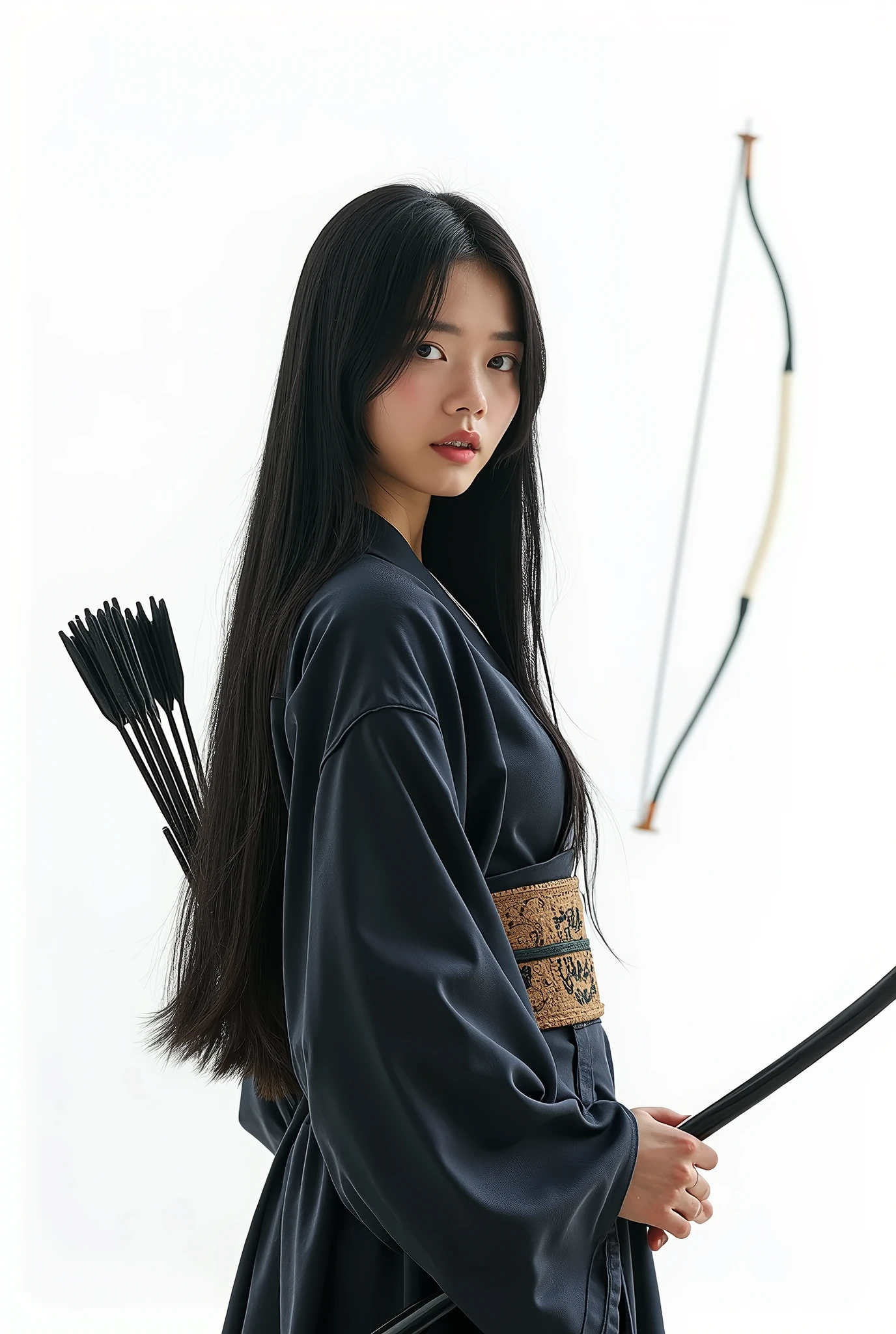 live-action、 real、Kyudo、 very beautiful Japanese woman carrying an arrow and holding a bow、矢を背負っている、Ainu traditional clothing、Black Hair、 straight long hair carrying arrows 、White background、 watch the viewer