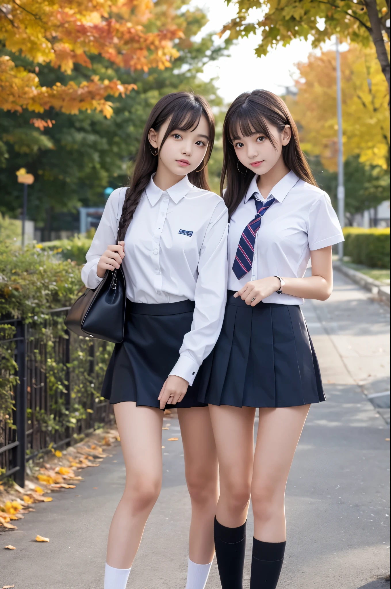 Multiple girl, realistic, extremely detailed, 8k, trending on ArtStation, Intricate, High Detail, Sharp focus, cute high school girl, beautiful, standing, indohighschool uniform, black wavy hair, school hallway, cute, photorealistic, full body, detailed, high quality, using pink panties, using white panties, visible panties