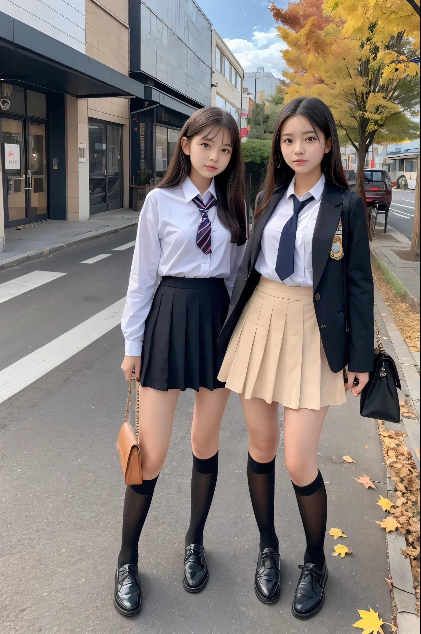 high school girl、The whole body is visible、Beautiful feet、mini skirt、A black blazer、Bob Hair、Black Hair、Black loafers、Pleated skirt、Checkered Skirt、Blue Skirt、Navy blue short socks、Ribbon on neck、school uniform、Are standing、White blouse、Putting a shirt in a skirt、School Bags、The underwear is pink