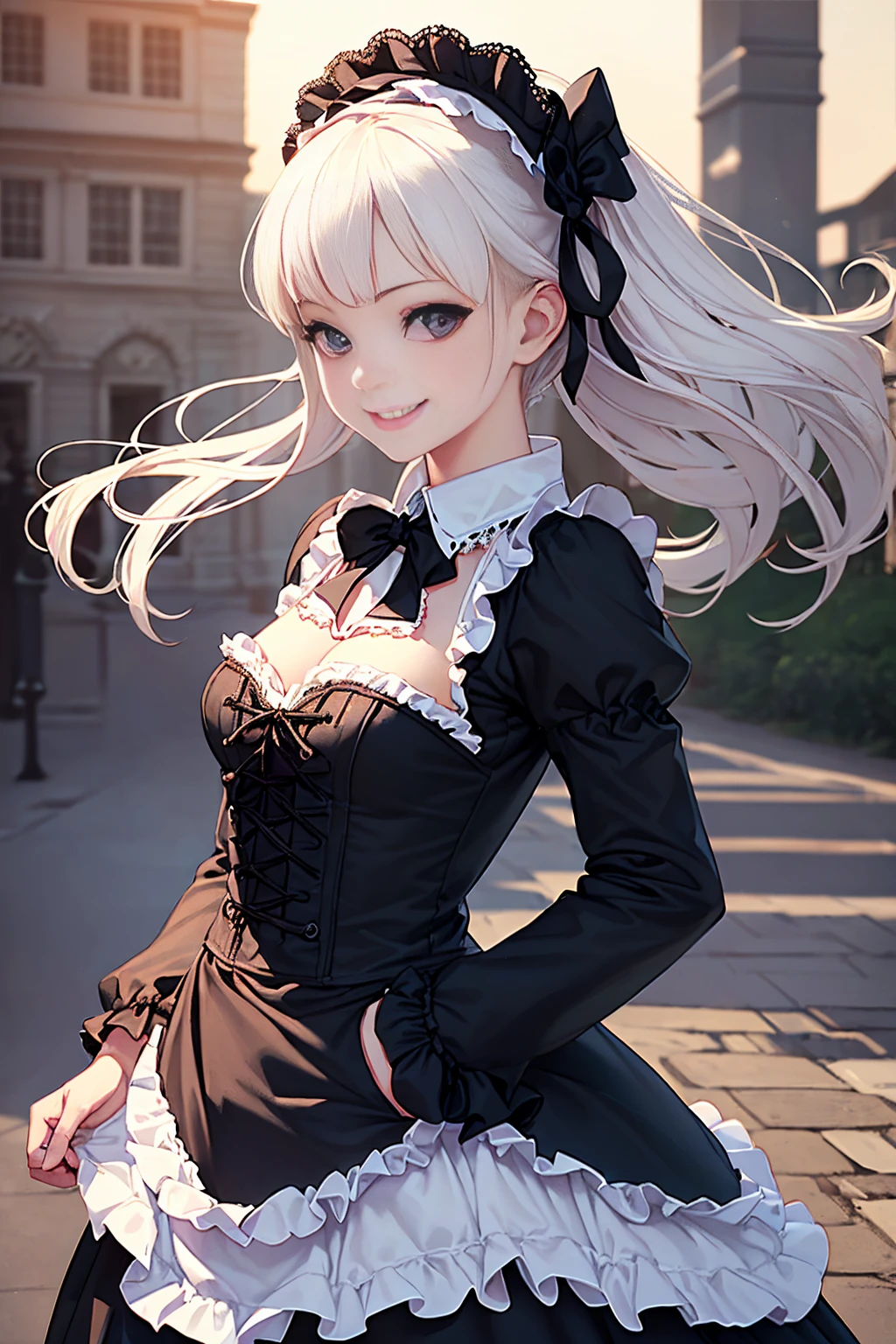 SFW, masterpiece, highres, 1 Girl, solo, standing, looking at the viewer, white long hair, cat ears, blue pupils, detailed eyes, detailed face, smiling, light pink lips, fishnet stockings, calm, intellectuals, three bangs, black short dress, lace gloves, village, mountains in the background