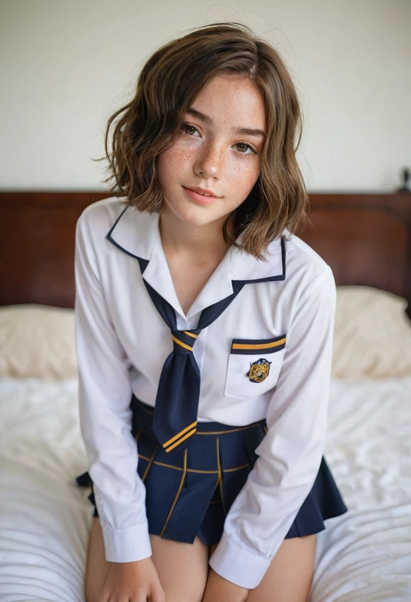  17-year-old teenager   , European ethnicity ,   Chin-length bob hairstyle   ,   wavy brown hair with a perfect face  , with freckles, Wearing a sexy school uniform  , G string,   full body photo   ,   showing a lot of skin   , lying on a bed