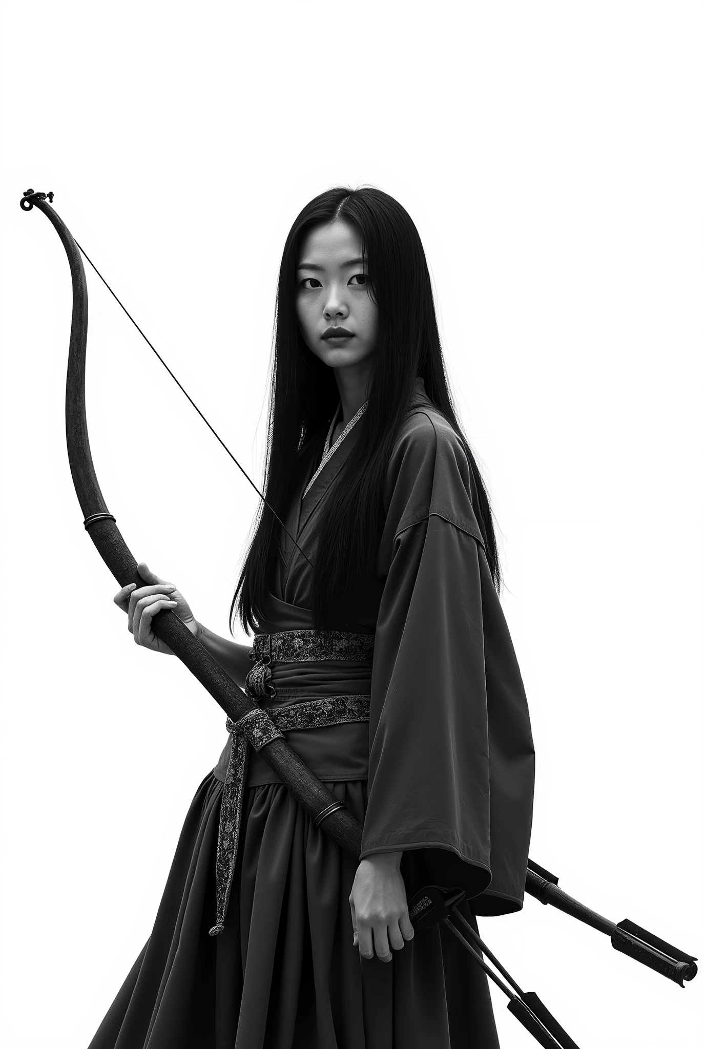 live-action、 real、Kyudo、 very beautiful Japanese woman carrying an arrow and holding a bow、Carrying arrows、Ainu traditional clothing、A very beautiful Japanese woman with a 、Black Hair、 straight long hair carrying arrows 、White background、 watch the viewer 、Black and white photography