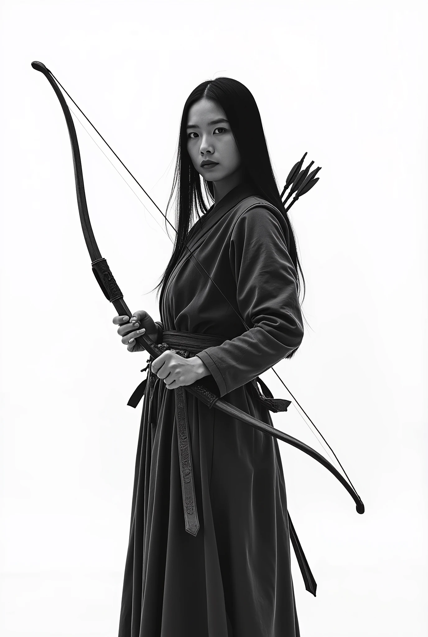 live-action、 real、Kyudo、 very beautiful Japanese woman carrying an arrow and holding a bow、Carrying arrows、Ainu traditional clothing、A very beautiful Japanese woman with a 、Black Hair、 straight long hair carrying arrows 、White background、 watch the viewer 、Black and white photography