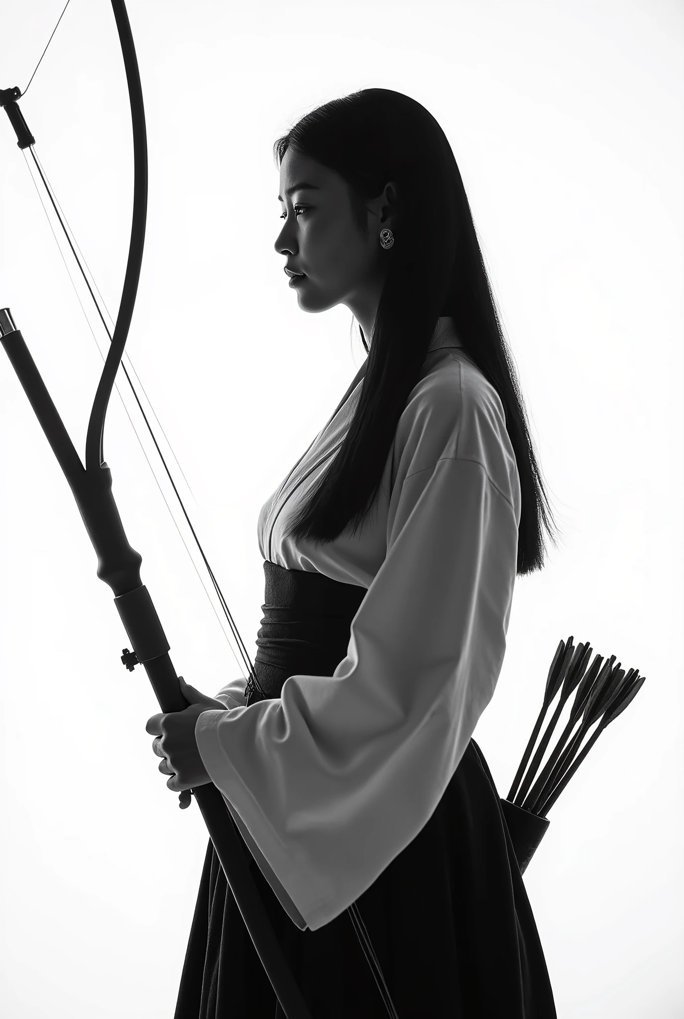 live-action、 real、Kyudo、Very beautiful Japanese woman holding a bow、Carrying arrows、Ainu traditional clothing、A very beautiful Japanese woman with a 、Black Hair、 Straight Long Hair 、White background、profile、Black and white photography