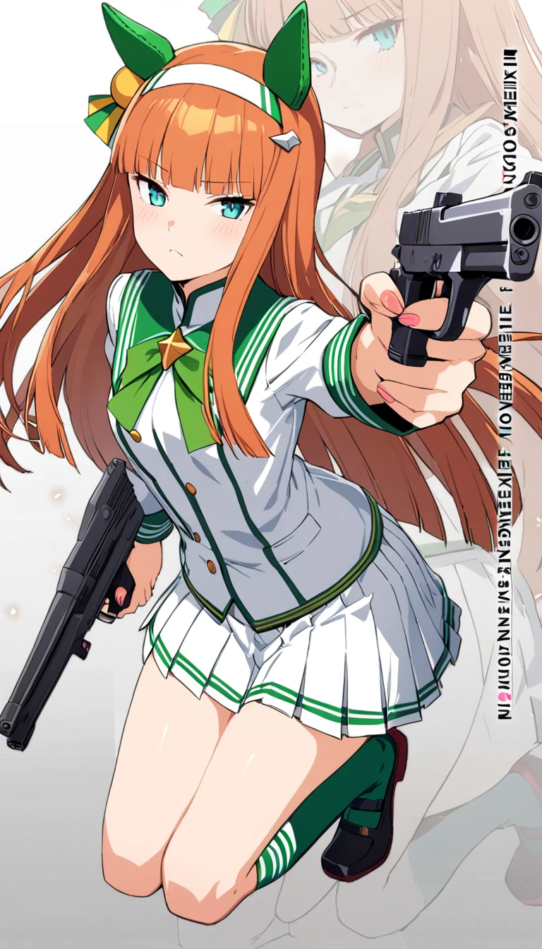 1girl,(IncrsNikkeProfile),full body,holding weapon,holding gun,(zoom layer),one knee,silence suzuka, \(umamusume\),(shobu_fuku),aiming a pistol at the viewer