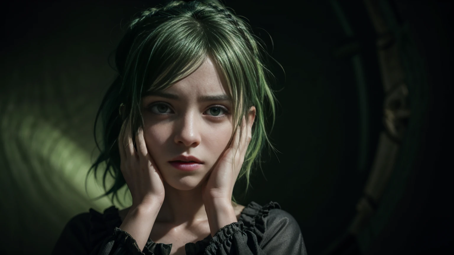 a scared girl with green hair, hands covering face, terrified expression, highly detailed, hyper realistic, 8k, volumetric lighting, dramatic lighting, chiaroscuro, oil painting, vibrant colors, gothic, dark fantasy