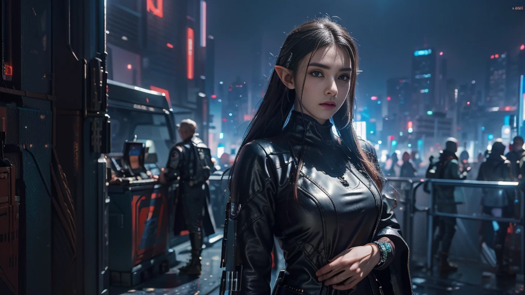 masterpiece, high resolution,8K,(Portrait Photos:1.5),(R Original Photo),Reality,Digital Photography,( fusion of cyberpunk and fantasy),(Female Soldiers),20-year-old female elf,(Big , Accessories, close your mouth ,Elegant and charming,Serious and arrogant,Calm and handsome, a combination of cyberpunk and fantasy style clothing,Openwork carved reflective texture ，sentry，Cyberpunk-style future city，Medium distance photography