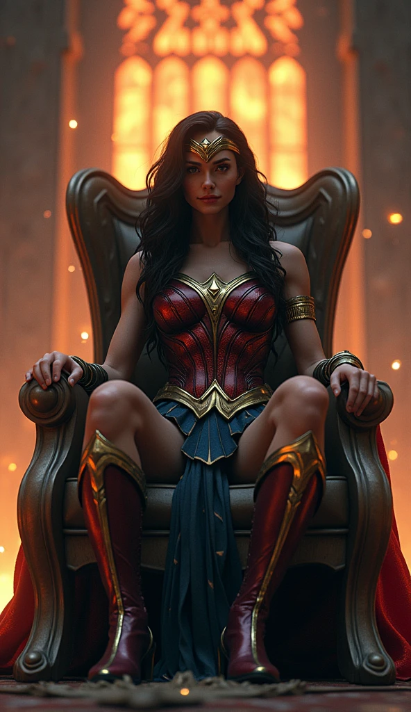 a girl, Gal Gadot as Wonder Woman，Tall and plump，Huge breasts，Slim waist，Huge ass，plump thighs，Sexy bikini，Kneeling on the table,Hands tied with rope，Exquisite pictures，Plenty of lighting，Advanced lighting effects，high quality，8K