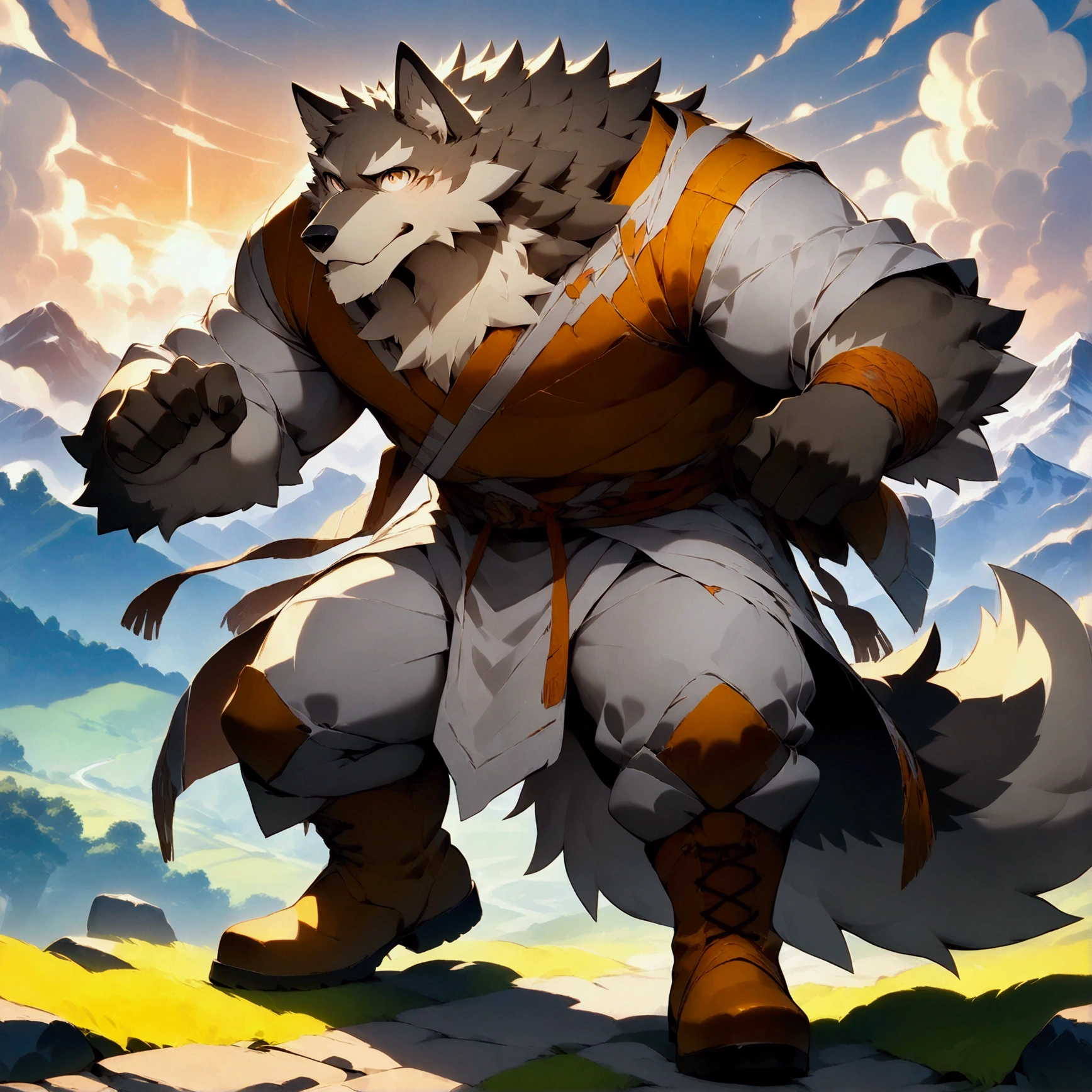 character focus, full body, looking away, dynamic angle, european fantasy, a middle-aged wolf man, heroic costume clothes, jacket, shirt, pants, dynamic pose, BREAK complete anatomy, perfect proportions, beautiful thigh gap, fluffy body, intricate fur details, beautiful fur texture, BREAK a detailed wolf 1tail, detailed boots, detailed foot, detailed hands, 5fingers, 5fingers nails, BREAK aesthetic anime face, insanity detailed face, male face, big face, square jawline, aesthetic anime eyes, detailed brown eyes, detailed brown cornea, detailed dark brown irises, detailed pupils, male eyes, big eyes, male eyebrows, innocent look, beautiful beard, BREAK full body in Michelangelo Buonarroti style, digital illustration anime, housamo style, detailed painting landscape, mountain, path, outdoor, full color, HDR, BREAK masterpiece, official art, best quality, very aesthetic, absurdres, super fine illustration, great quality, BREAK noise reduction, very highres, large filesize, high quality, 32K, 8k wallpaper, dynamic lighting, BREAK insanity detailed, ultra detailed, intricate details, extremely detailed, detailed texture, an extremely delicate and beautiful, BREAK osukemo, e621 illustration, kemohomo, anthropomorphic, furry, cartoon, harmonious body, pastoral face, virtuous eyes, epic atmosphere