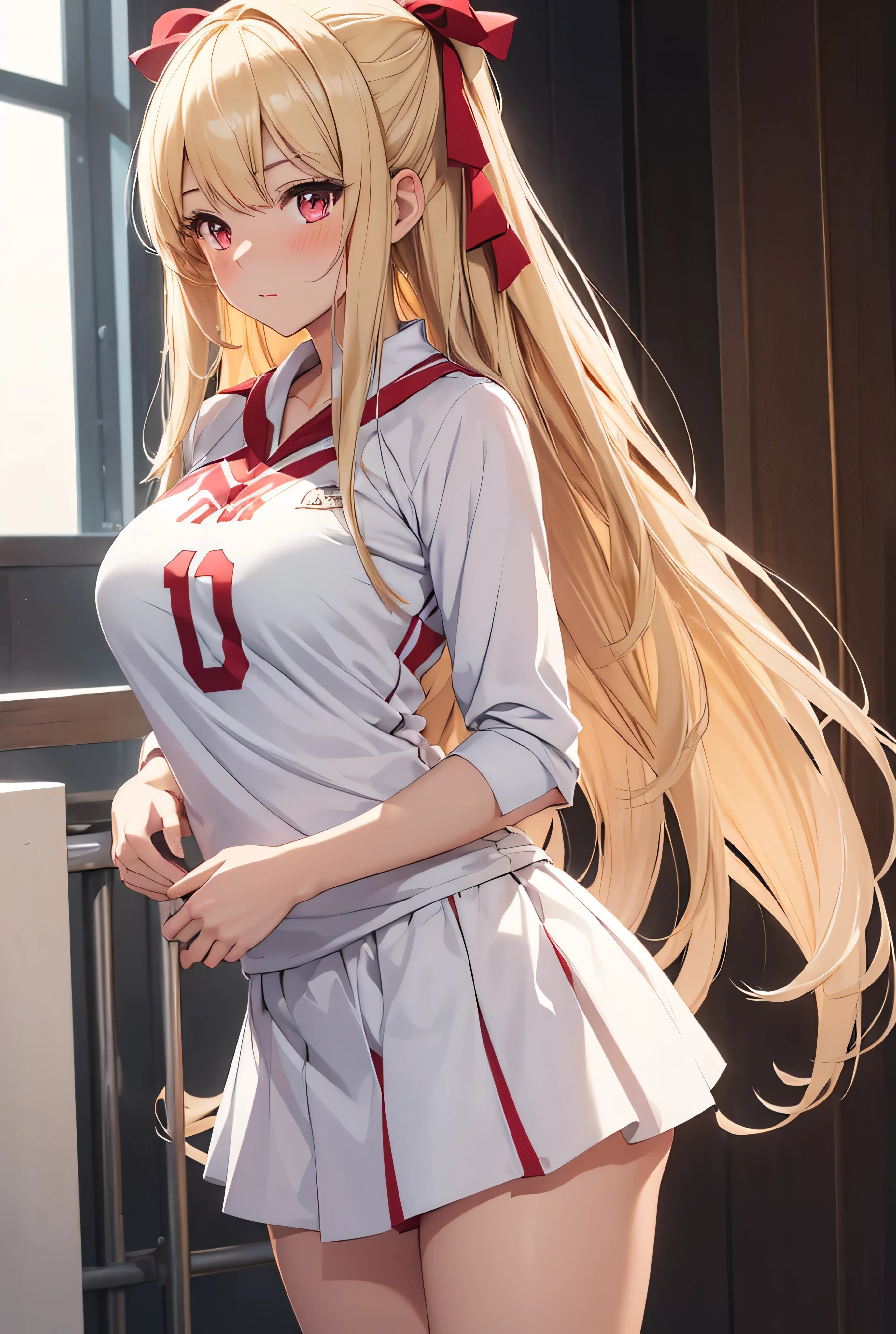 (red ribbon on hairband:1.2),masterpiece, highest quality, High resolution, 1 girl, alone, blonde hair, red eyes, High resolution, good lighting, , (No nudity), (nurse,white nurse uniform,white shirt:1.3),(open clothes:1.2),(Stick your ass out:1.2),(Skirt pulled:1.2),(white stockings:1.1),,  (look back), (((sharp_dss,from below))),, (((squat))), (garter belt), abdomen only, (),  ,  cute face,blush with embarrassment, humiliating, ((See-through))()(T-back)(A large amount of material is attached to the body,)
