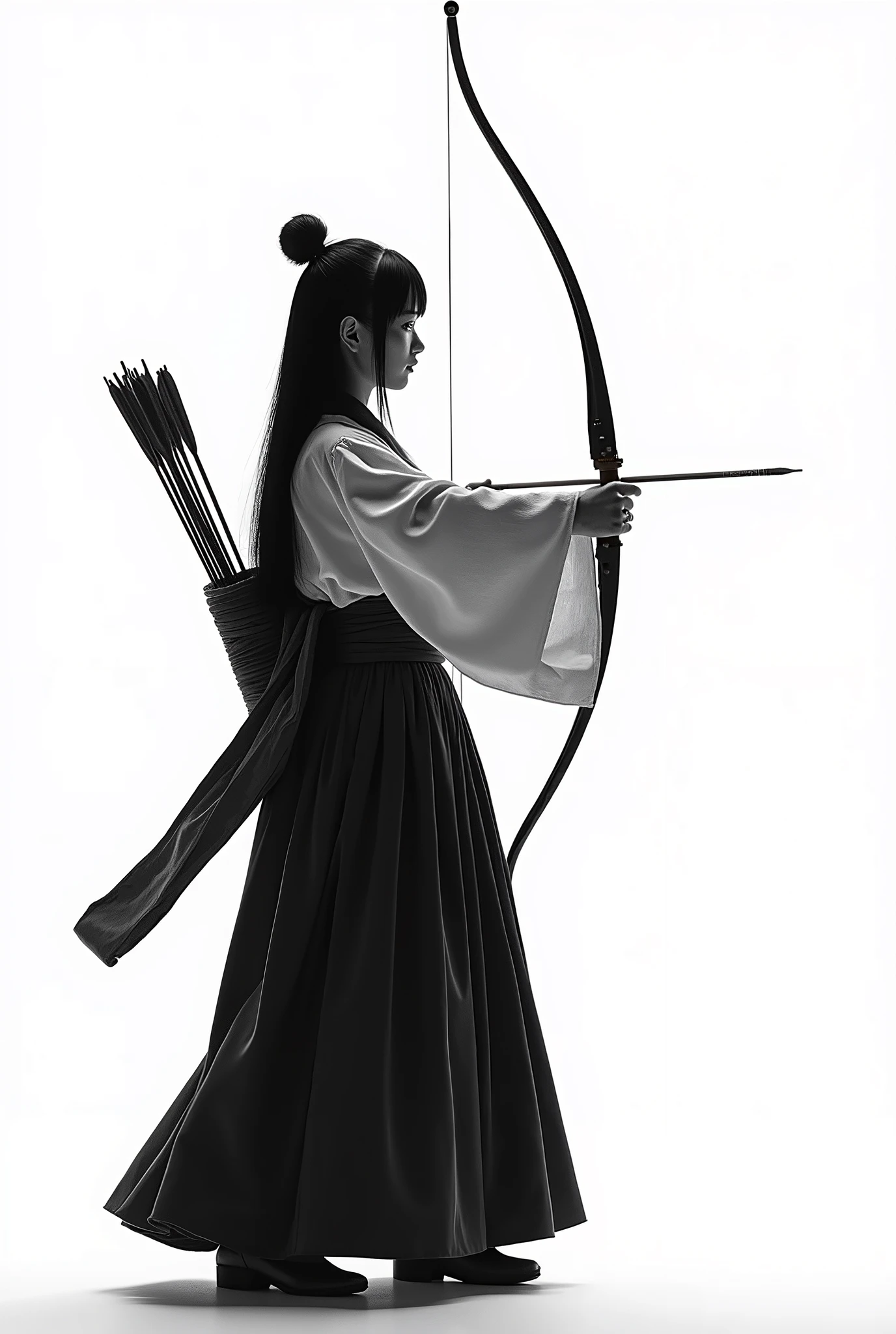 live-action、 real、Kyudo、A very beautiful Japanese woman holding a bow and taking aim、Carrying arrows、Ainu traditional clothing、A very beautiful Japanese woman with a 、Black Hair、 straight long hair carrying arrows 、White background、profile、Black and white photography